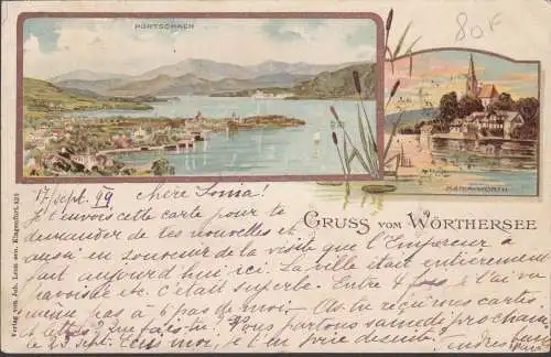 AK Gruss vom Wöthersee, Pörtschach, Maria Wörth, Pörtschach nach Moskau, gelaufen 1899