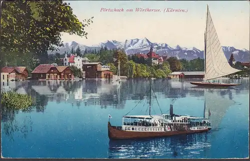 Pörtschach a. Wörthersee, vue de ville, vapeur, voilier, couru en 1923