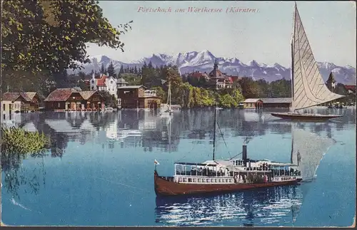 Pörtschach a. Wörthersee, vue de ville, vapeur, voilier, couru en 1923