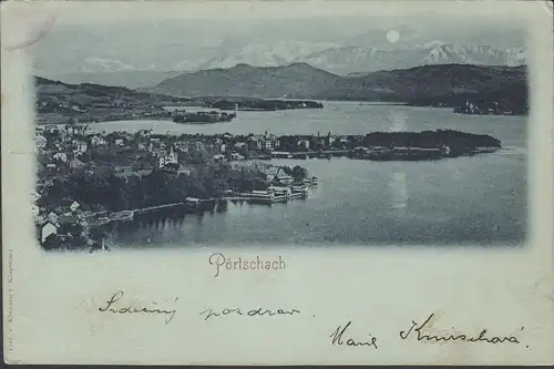 Pörtschach a. Wörthersee, Panoramaansicht, Mondschein, gelaufen 1898