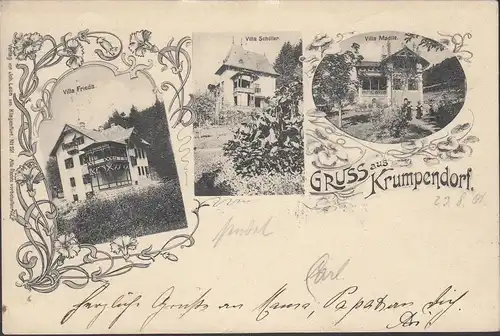 Gruss aus Krumpendorf, Villa Frieda, Villa Schöller, Villa Madile, gelaufen 1901