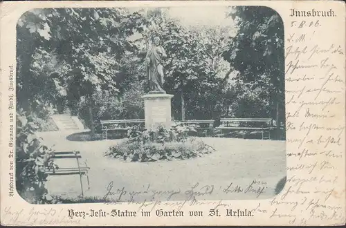 Innsbruck, Herz Jesu Statue im Garten von St. Ursula, gelaufen 1906