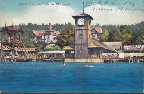 AK Wörthersee, Militär Schwimmschule, 10. Kompanie Klagenfurt, gelaufen 1913