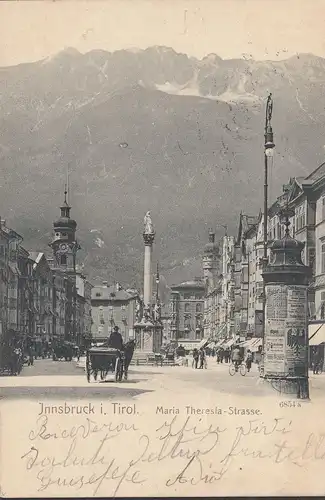 Innsbruck, Maria Theresia Strasse, Pferdewagen, gelaufen 1905