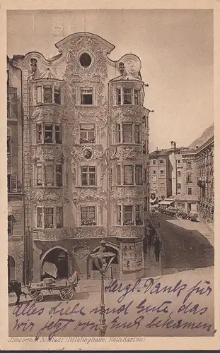 Innsbruck, Hölblinghaus, Katholisches Kasino, Kutschenwagen, gelaufen 1924