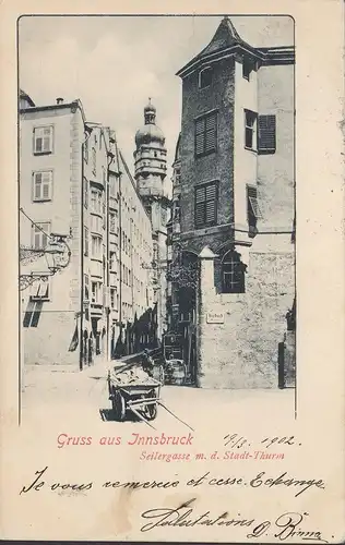 Gruss aus Innsbruck, Seilergasse mit Stadtturm, gelaufen 1902