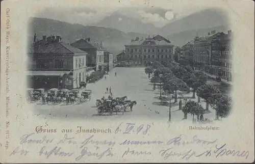 Gruss aus Innsbruck, Bahnhofsplatz, Mondschein, gelaufen 1898
