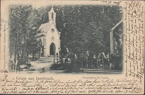 Gruss aus Innsbruck, Tummelplatz bei Amras, gelaufen 1900