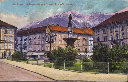 Innsbruck, Margarethenplatz mit Rudolfsbrunnen, gelaufen 1928