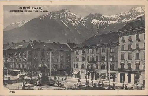 Innsbruck, Margarethenplatz mit Rudolfsbrunnen, gelaufen 1921