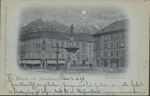 Gruss aus Innsbruck, Rudolfsbrunnen, Mondschein, gelaufen 1898