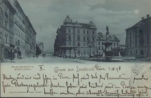 Gruss aus Innsbruck, Margarethenplatz, Rudolfbrunnen, Mondschein, gelaufen 1898