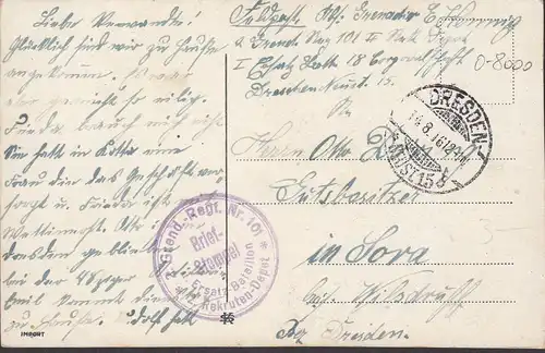Carte postale de champ, salutations amicales, Grend. Regt. n° 101, couru 1916
