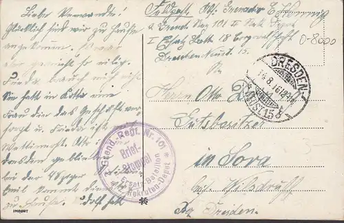 Feldpostkarte, Freundliche Grüsse, Grend. Regt. Nr. 101, gelaufen 1916