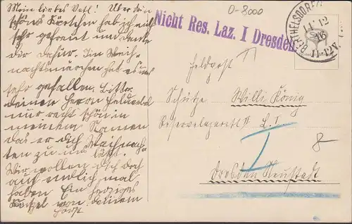 Les meilleurs vœux de fin d'année, poste de terrain, non res. Laz. I Dresde, couru en 1916