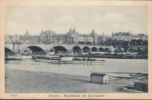 Dresde, pont Albert avec caserne de chasseur, courrier de champ, couru en 1918