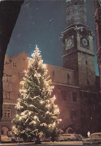 Innsbruck, Stadtturm im Winter, Weihnachten, gelaufen 1968