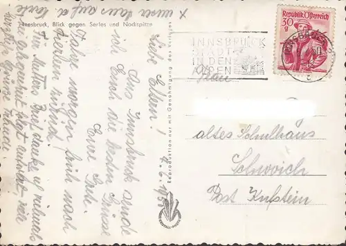 Innsbruck, Blick gegen Serles und Nordspitze, gelaufen 1950