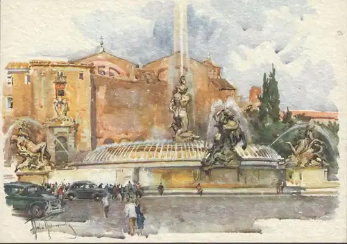 Rome, la place de la République et la fontaine de Najaden, carte d'artiste, incurable