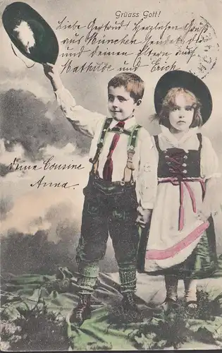 Grüss Gott! Kinder in bayrischer Tracht, gelaufen 1904
