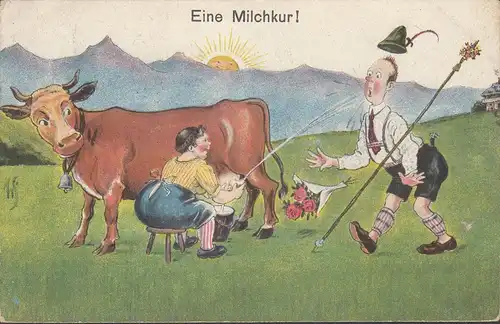 Eine Milchkur, Humor- Karte, gelaufen 1922