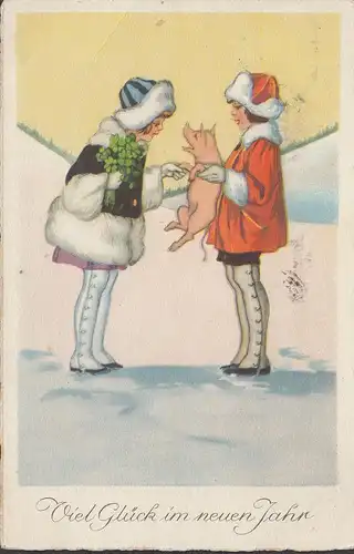 Bonne chance dans la nouvelle année, fille avec trèfle et porc, couru 1930