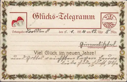 Viel Glück im neuen Jahre, Glücks Telegramm, gelaufen 1934