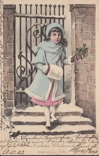 Félicitations pour les nouvelles années, les filles avec des fleurs et des muffins, couru 1904