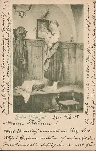 Guten Morgen! Frau mit Katze vor Spiegel, Künstler AK, ungelaufen- datiert 1898