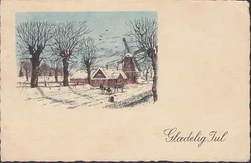 Glaedelig Jul, moulin à vent enneigé, poste de campagne, couru en 1942