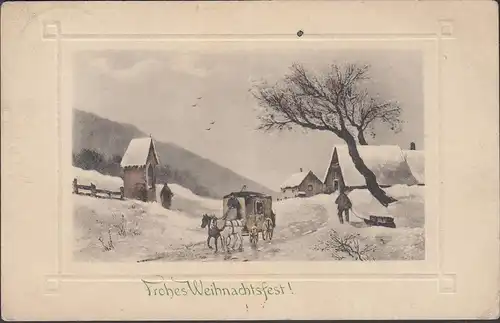 Frohe Weihnachten, Verschneite Landschaft, Pferdekutsche, gelaufen