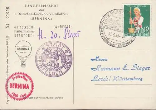 Wahlwies, Ballon Bernina über Wahlwies und Kinderdorf, Jungfernflug, gelaufen 1959