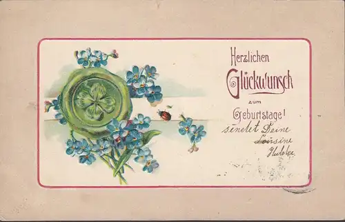 Herzlichen Glückwünsche zum Geburtstage, Präge AK, gelaufen 1908