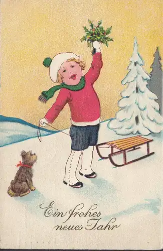 Bonne année, enfant avec traîneau, couru 1926