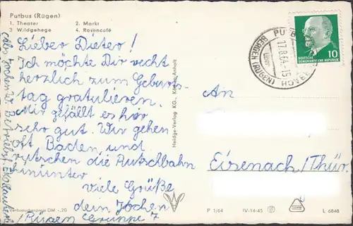 Putbus, Theater, Wildgehege, Markt, Rosencafe, gelaufen 1964