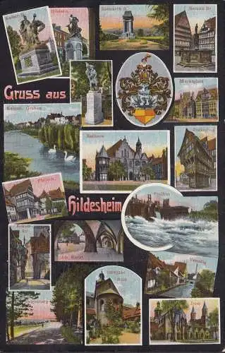 AK Gruss aus Hildesheim, Roland Brunnen, Rathaus, Zuckerhut, Eckem Straße, Marktplatz, ungelaufen