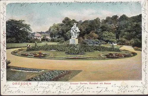 Dresden, Großer Garten, Rundteil mit Statue, gelaufen 1906