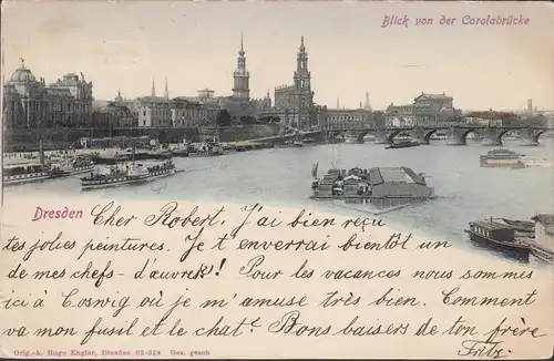 Dresden, Blick von der Carolabrücke, Dampfschiff, gelaufen 1904