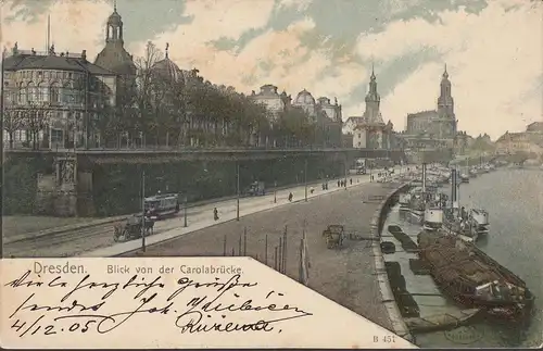 Dresde, vue depuis le pont Carola, vapeur, atterrissage, couru 1905