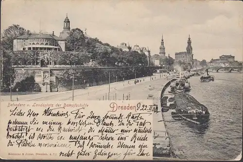 Dresden, Belvedere, Landeplatz der Dampfschiffe, gelaufen 1906