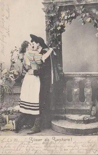 Süsser als Saccharin, Küssendes Paar, Bahnpost, gelaufen 1902