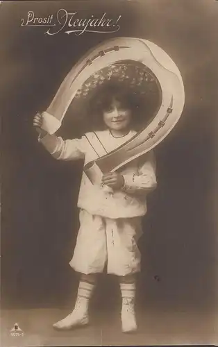 Prosit Neujahr, Kind mit Hufeisen, gelaufen 1916