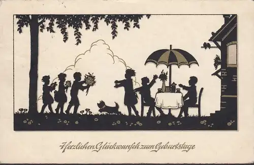 Herzlichen Glückwünsche zum Geburtstage, Feiernde Kinder, Blümensträuße, gelaufen 1937