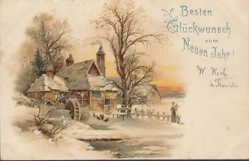 Herzlichen Glückwunsch zum neuen Jahr, Haus mit Wasserrad, gelaufen 1901