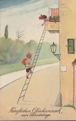 Félicitations pour les anniversaires, enfant avec des fleurs sur l'échelle, couru 1933