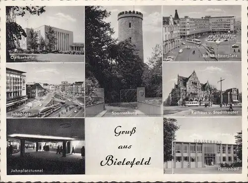 Bielefeld, Oetkerhalle, Jahnplatz, Rathaus, gelaufen 1959