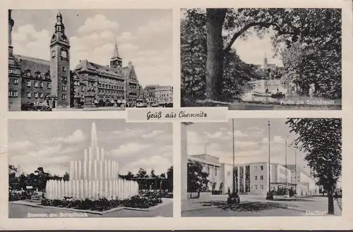 Gruß aus Chemnitz, Markt, Brunnen, Stadtbad, gelaufen 1943