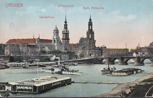 Dresden, Damenbad, Ständehaus, Schlossturm, Kirche, gelaufen 1909