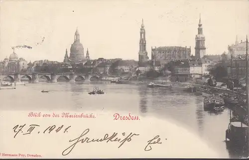 Dresden, Blick von der Marienbrücke, Schiffe, gelaufen 1901