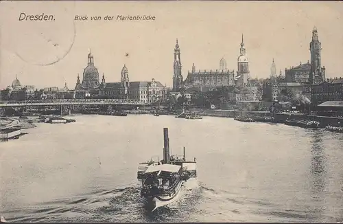 Dresde, vue depuis le pont de Marie, bateau à vapeur, couru en 1912